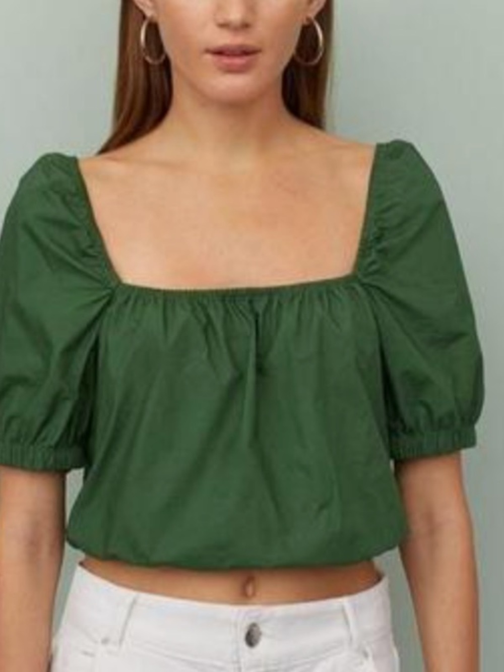 H&M Green Square Neck Puff Sleeve Crop Top